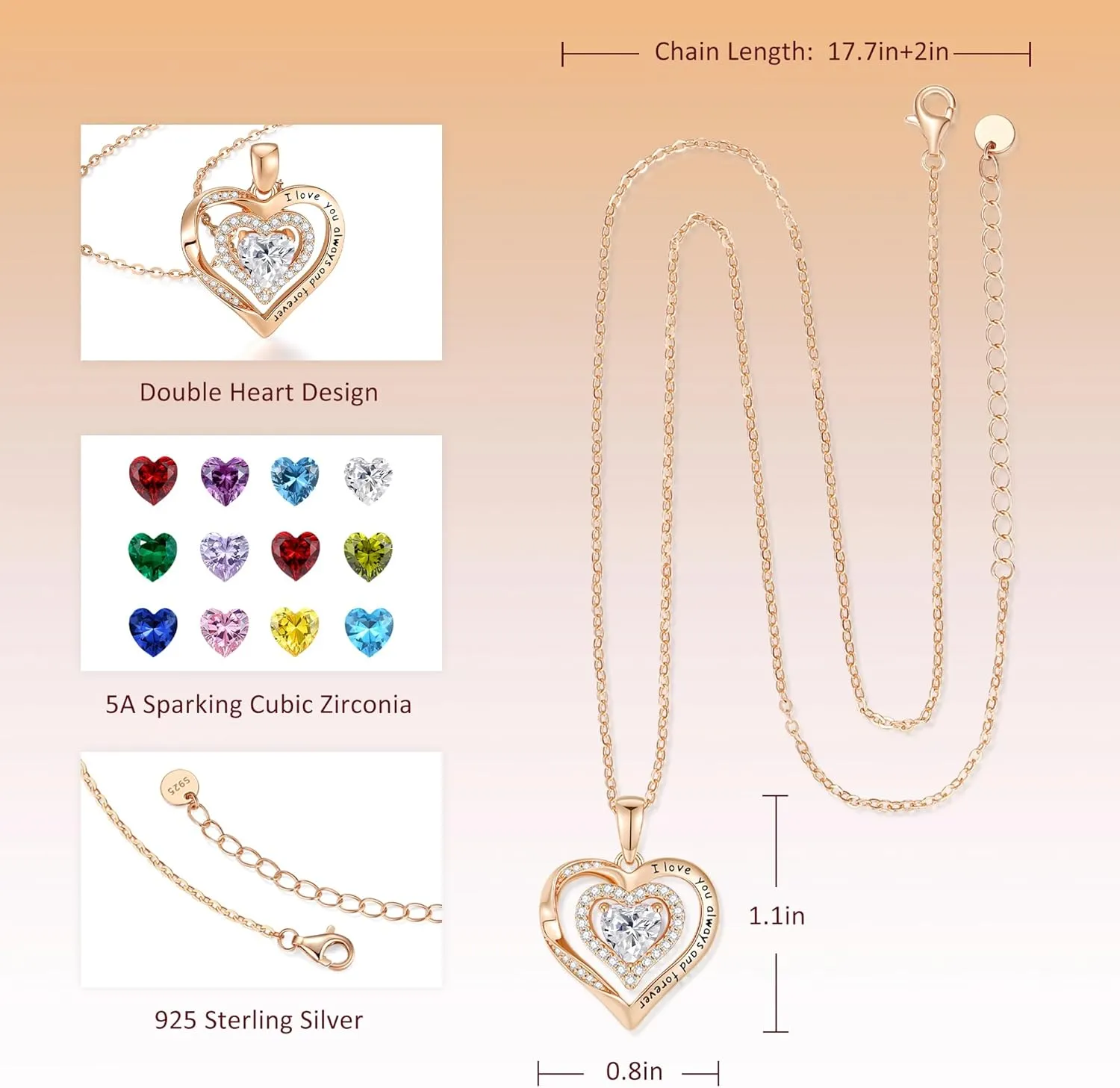 Heart Birthstone Necklaces for Women, 925 Sterling Silver Pendant Necklace Valentine's Day Gift Birthday Anniversary Christmas Jewelry Gifts for Women Mom Wife Grandmom Girlfriend Her