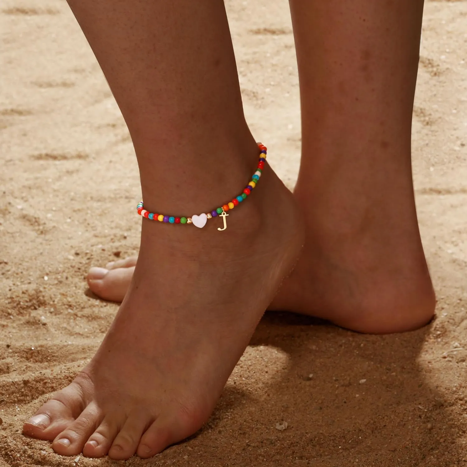 Honsny Ankle Bracelets for Women Initial Anklets Waterproof Boho Beaded Dainty Ankle Bracelets for Teen Letter Heart Handmade Adjustable Foot Chain Anklet Summer Vacation Colorful Jewelry Gift