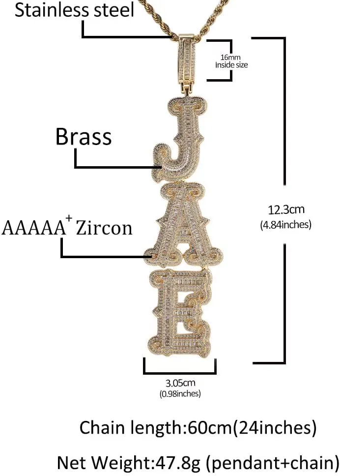 Iced Out Chain Pendant Custom Vertical A-Z Initial Letters Pendant Pendant Hip Hop Necklace Pendant Silver/Gold Plated Jewelry for Men Women