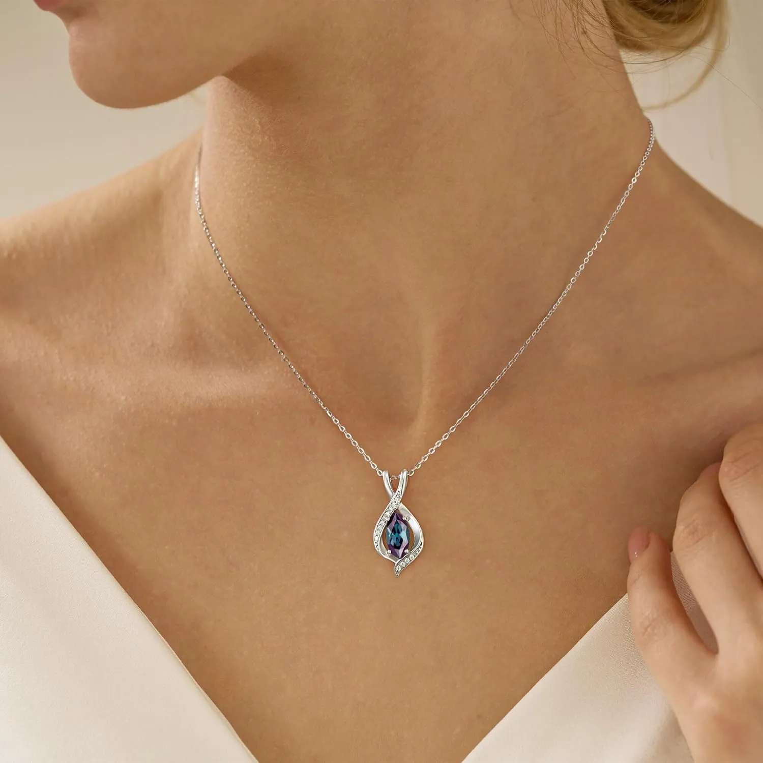 Iefil Marquise Sparkle Birthstone Pendant Charm Necklace for Women, 925 Sterling Silver Pendant Birthstone Necklace Anniversary Birthday Gifts for Women Teens Daughter Wife Girlfriend