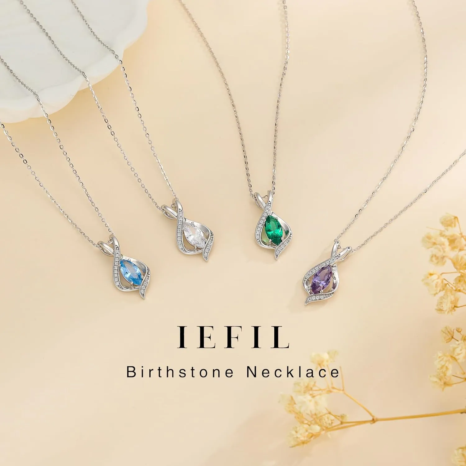 Iefil Marquise Sparkle Birthstone Pendant Charm Necklace for Women, 925 Sterling Silver Pendant Birthstone Necklace Anniversary Birthday Gifts for Women Teens Daughter Wife Girlfriend