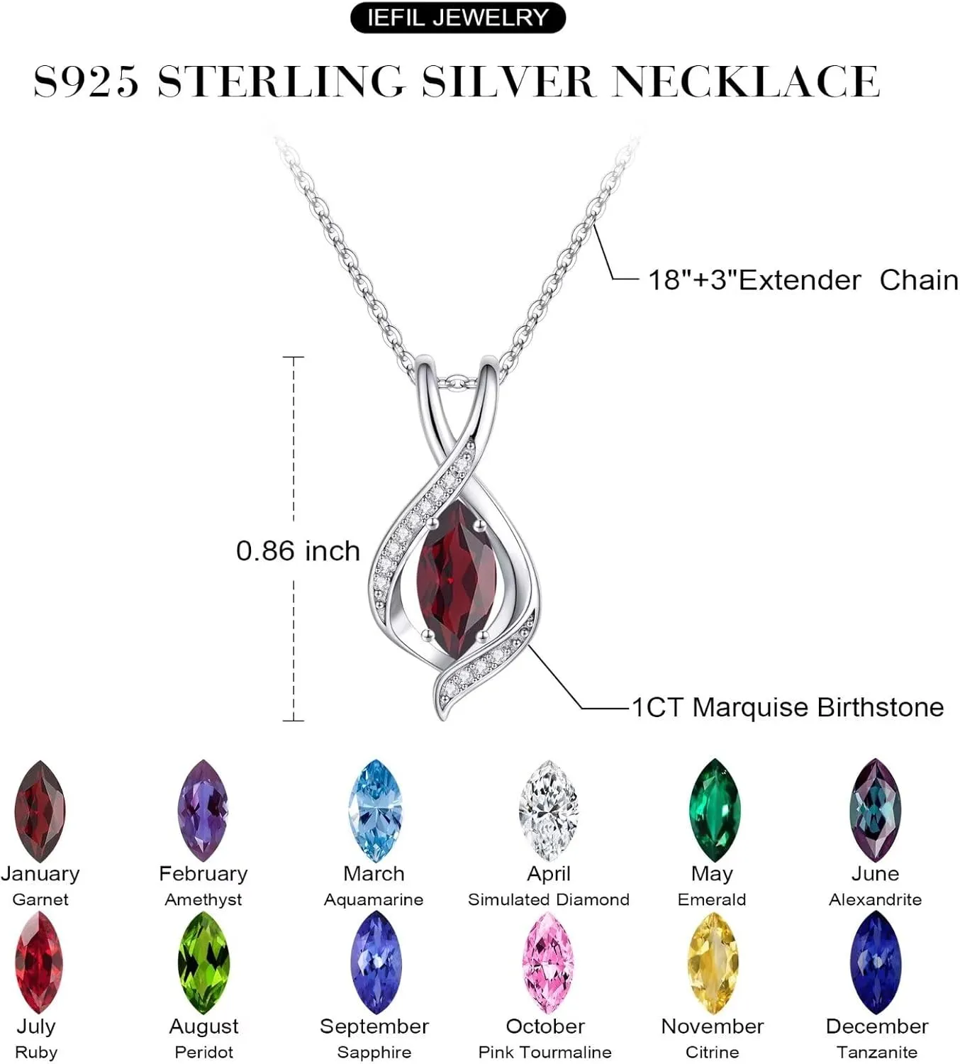 Iefil Marquise Sparkle Birthstone Pendant Charm Necklace for Women, 925 Sterling Silver Pendant Birthstone Necklace Anniversary Birthday Gifts for Women Teens Daughter Wife Girlfriend