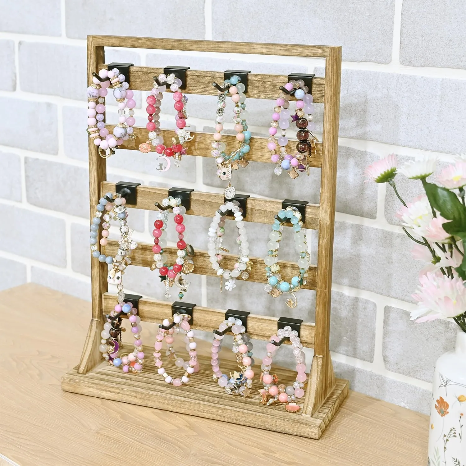 Ikee Design Wooden Jewelry Display Rack with 20 Removable Metal Hooks, Earring Card Display Holder Stand for Earring Cards, Necklaces, Bracelet, Keychain Stand, Oak Color