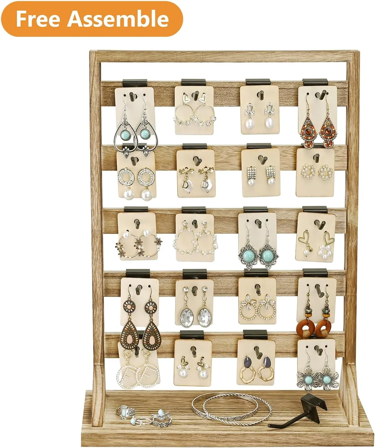 Ikee Design Wooden Jewelry Display Rack with 20 Removable Metal Hooks, Earring Card Display Holder Stand for Earring Cards, Necklaces, Bracelet, Keychain Stand, Oak Color