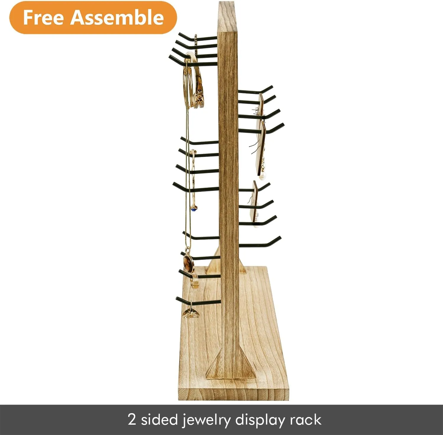 Ikee Design Wooden Jewelry Display Rack with 20 Removable Metal Hooks, Earring Card Display Holder Stand for Earring Cards, Necklaces, Bracelet, Keychain Stand, Oak Color
