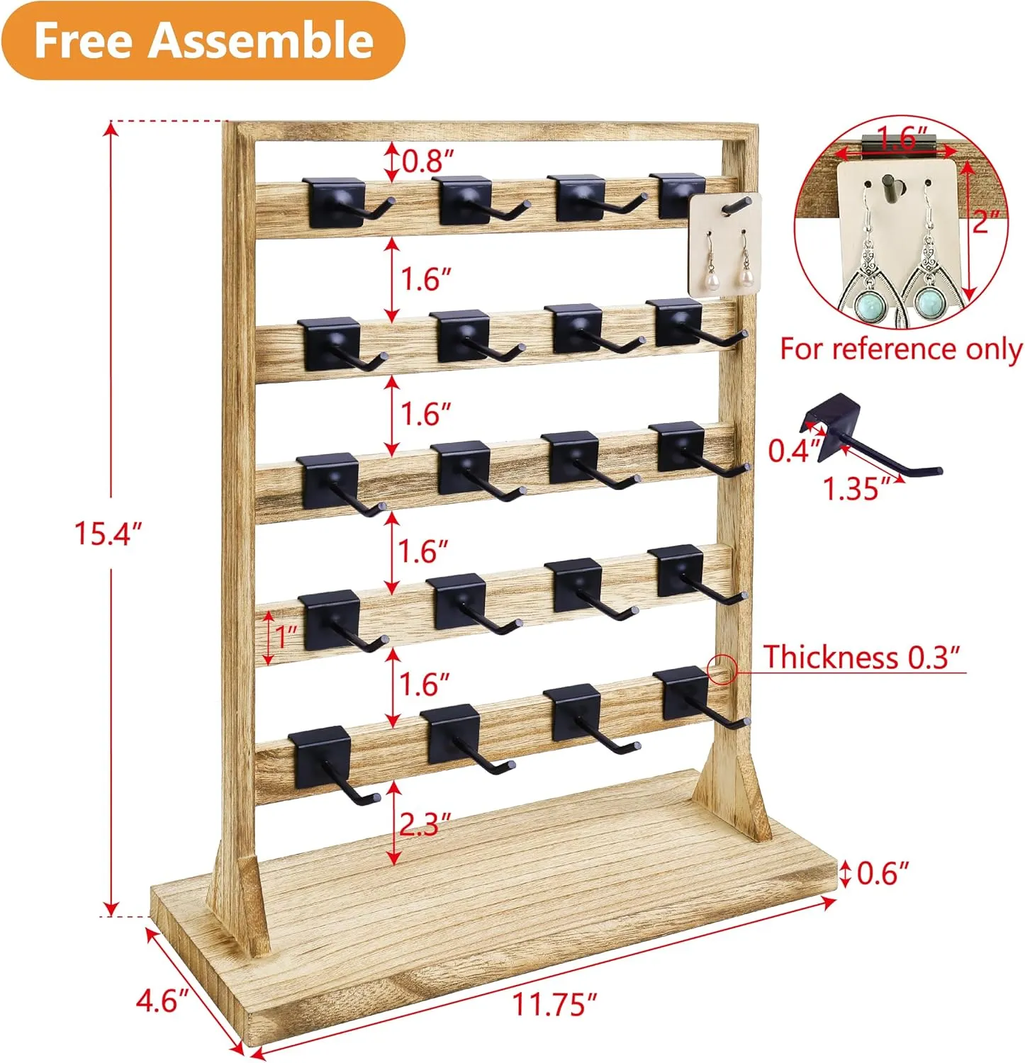 Ikee Design Wooden Jewelry Display Rack with 20 Removable Metal Hooks, Earring Card Display Holder Stand for Earring Cards, Necklaces, Bracelet, Keychain Stand, Oak Color
