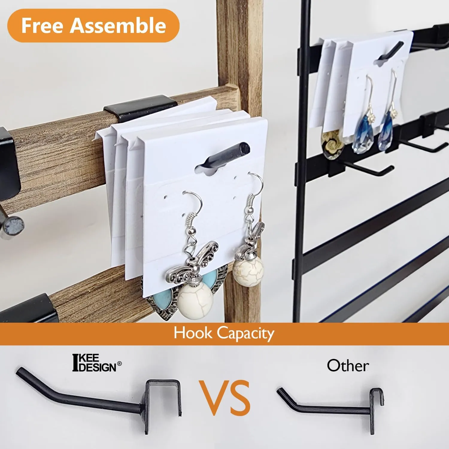 Ikee Design Wooden Jewelry Display Rack with 20 Removable Metal Hooks, Earring Card Display Holder Stand for Earring Cards, Necklaces, Bracelet, Keychain Stand, Oak Color