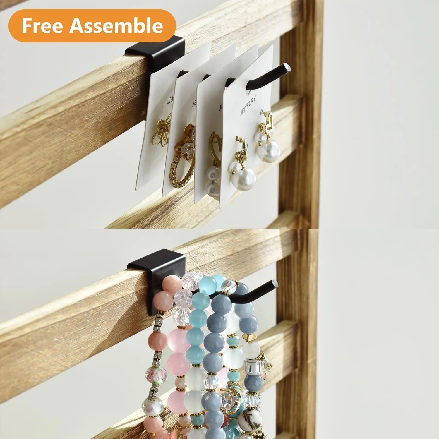 Ikee Design Wooden Jewelry Display Rack with 20 Removable Metal Hooks, Earring Card Display Holder Stand for Earring Cards, Necklaces, Bracelet, Keychain Stand, Oak Color