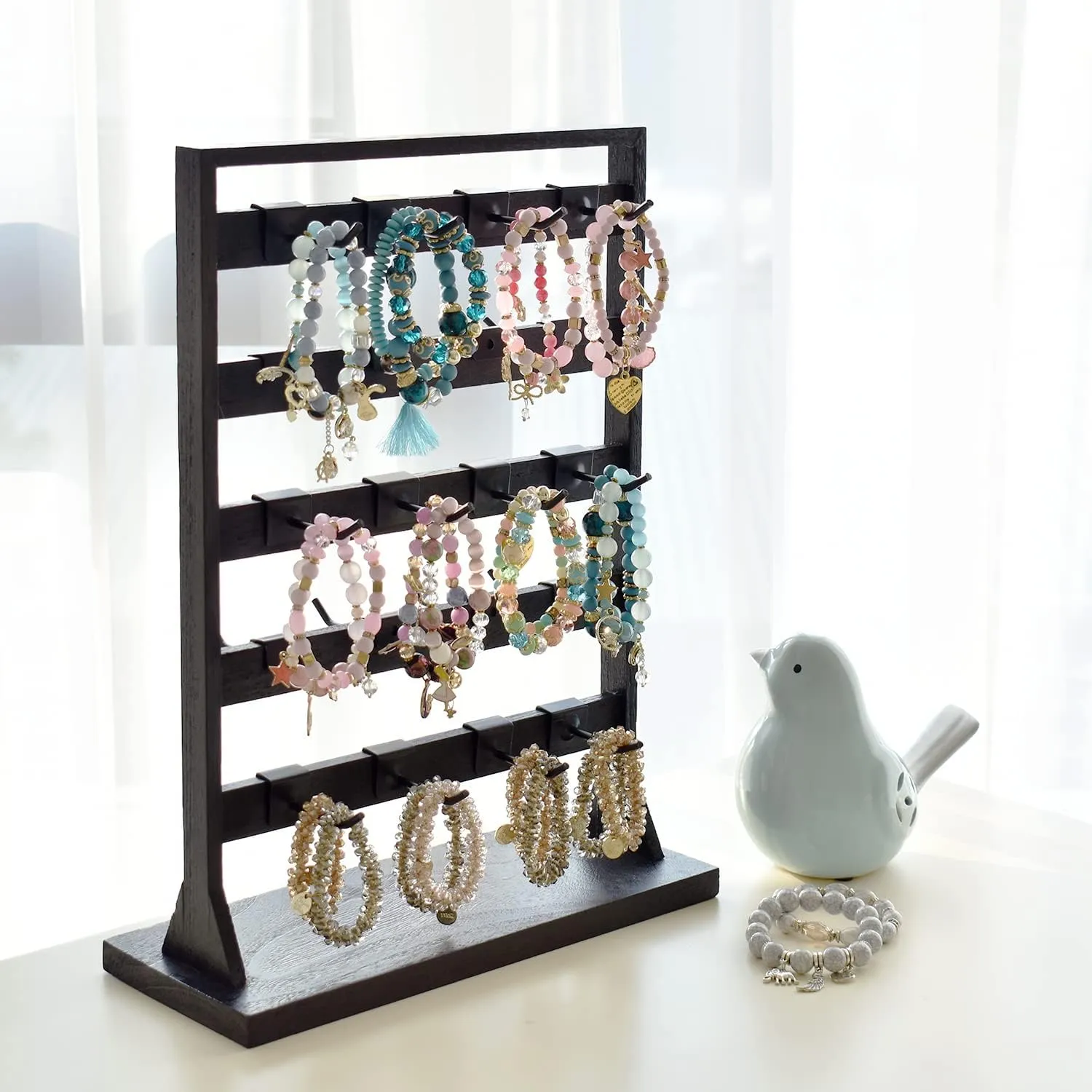 Ikee Design Wooden Jewelry Display Rack with 20 Removable Metal Hooks,Earring Card Display Stand,Jewelry Organizer,Earring Bracelet Organizer, Keychain Stand, Black Color