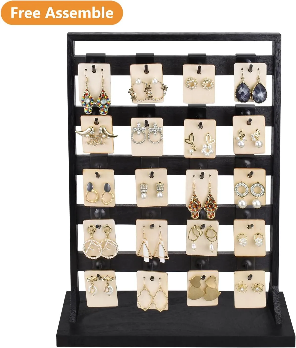 Ikee Design Wooden Jewelry Display Rack with 20 Removable Metal Hooks,Earring Card Display Stand,Jewelry Organizer,Earring Bracelet Organizer, Keychain Stand, Black Color