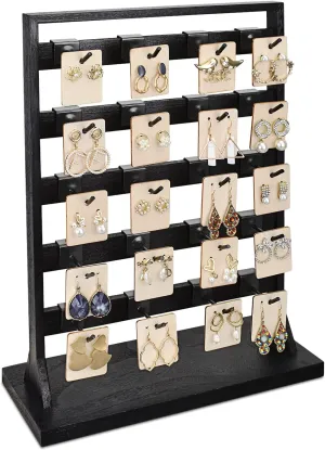 Ikee Design Wooden Jewelry Display Rack with 20 Removable Metal Hooks,Earring Card Display Stand,Jewelry Organizer,Earring Bracelet Organizer, Keychain Stand, Black Color