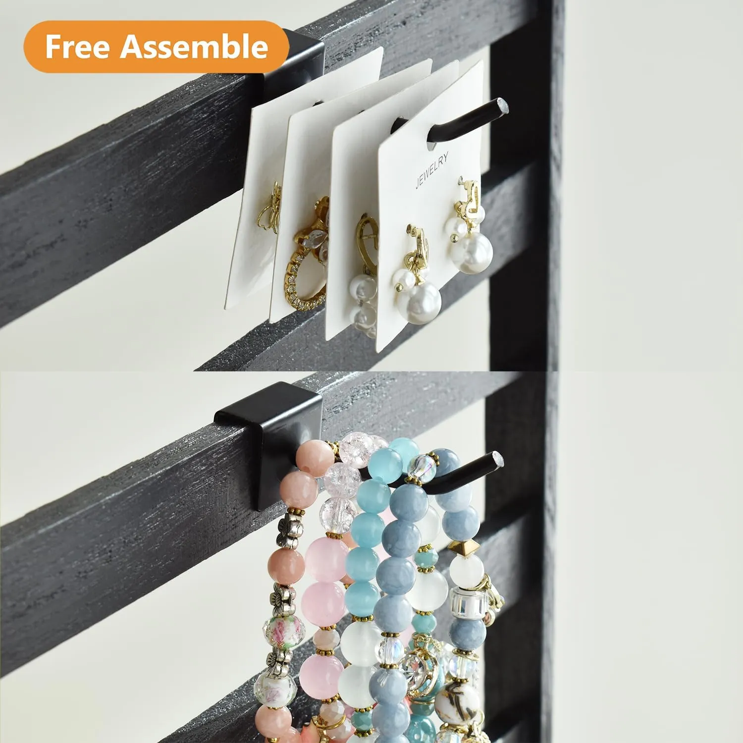 Ikee Design Wooden Jewelry Display Rack with 20 Removable Metal Hooks,Earring Card Display Stand,Jewelry Organizer,Earring Bracelet Organizer, Keychain Stand, Black Color