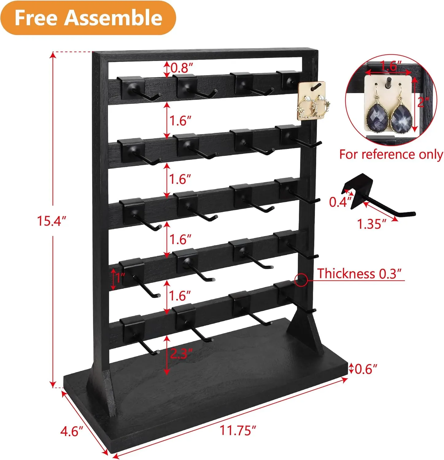 Ikee Design Wooden Jewelry Display Rack with 20 Removable Metal Hooks,Earring Card Display Stand,Jewelry Organizer,Earring Bracelet Organizer, Keychain Stand, Black Color