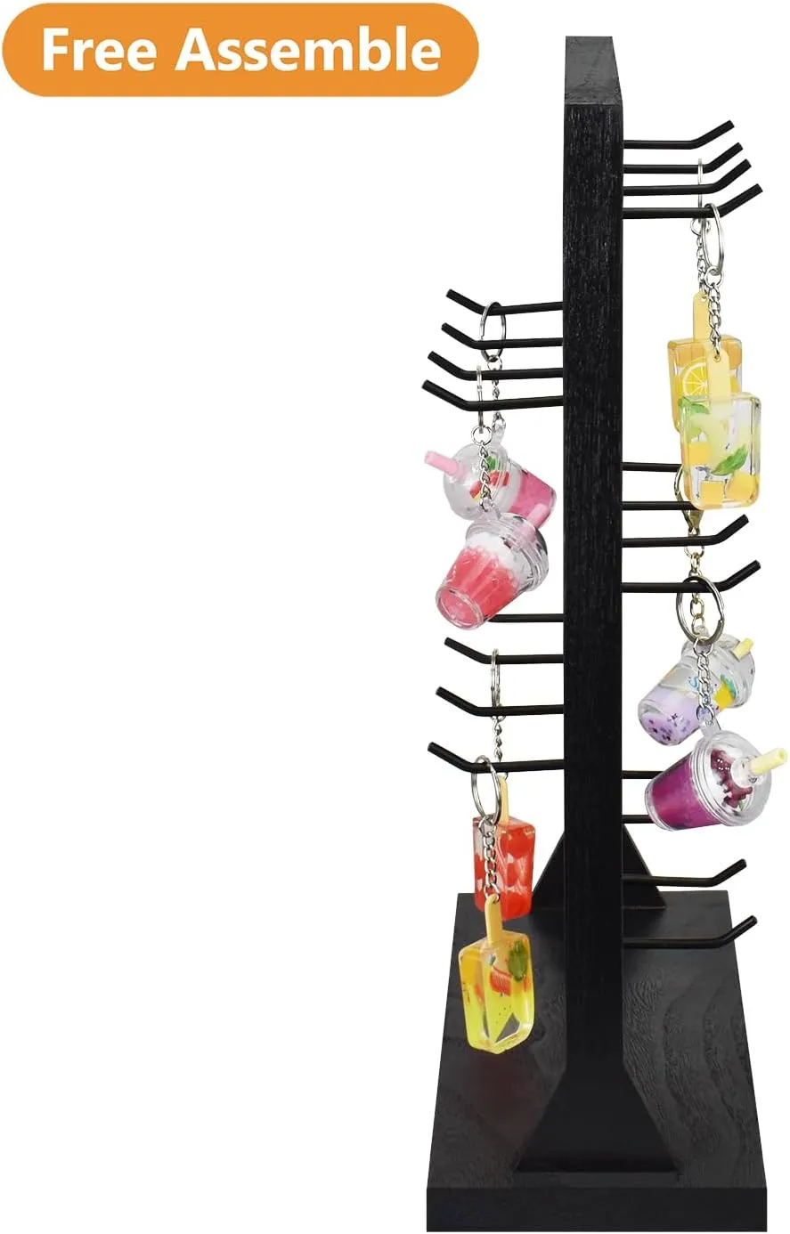Ikee Design Wooden Jewelry Display Rack with 20 Removable Metal Hooks,Earring Card Display Stand,Jewelry Organizer,Earring Bracelet Organizer, Keychain Stand, Black Color