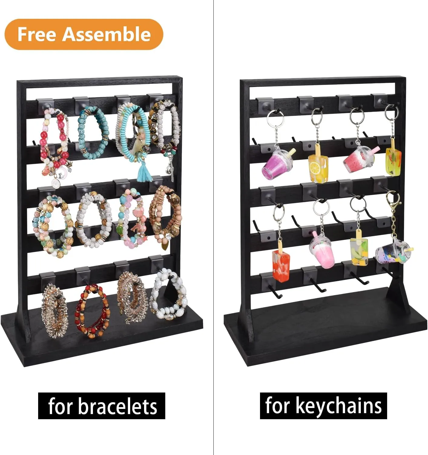 Ikee Design Wooden Jewelry Display Rack with 20 Removable Metal Hooks,Earring Card Display Stand,Jewelry Organizer,Earring Bracelet Organizer, Keychain Stand, Black Color