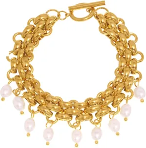 Imitation Pearl Cascade Link-Charm-Bracelet - Golden Stainless Steel Fringe Jewelry with OT Clasp