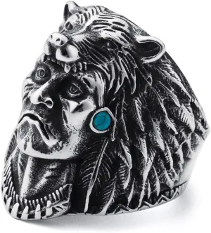 Indian Chief Rings for Men Stainless Steel Mens Native American Indian Chief Head Ring Tribal Amulet Ring Jewelry Size 8/9/10/11/12/13