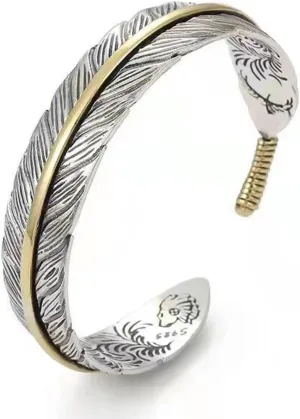 Innocence S999 Antique Silver Plated Wide Feather Cuff Bracelet For Men Women Adjustable Retro Twisted Feathers Bracelets Gift Jewelry