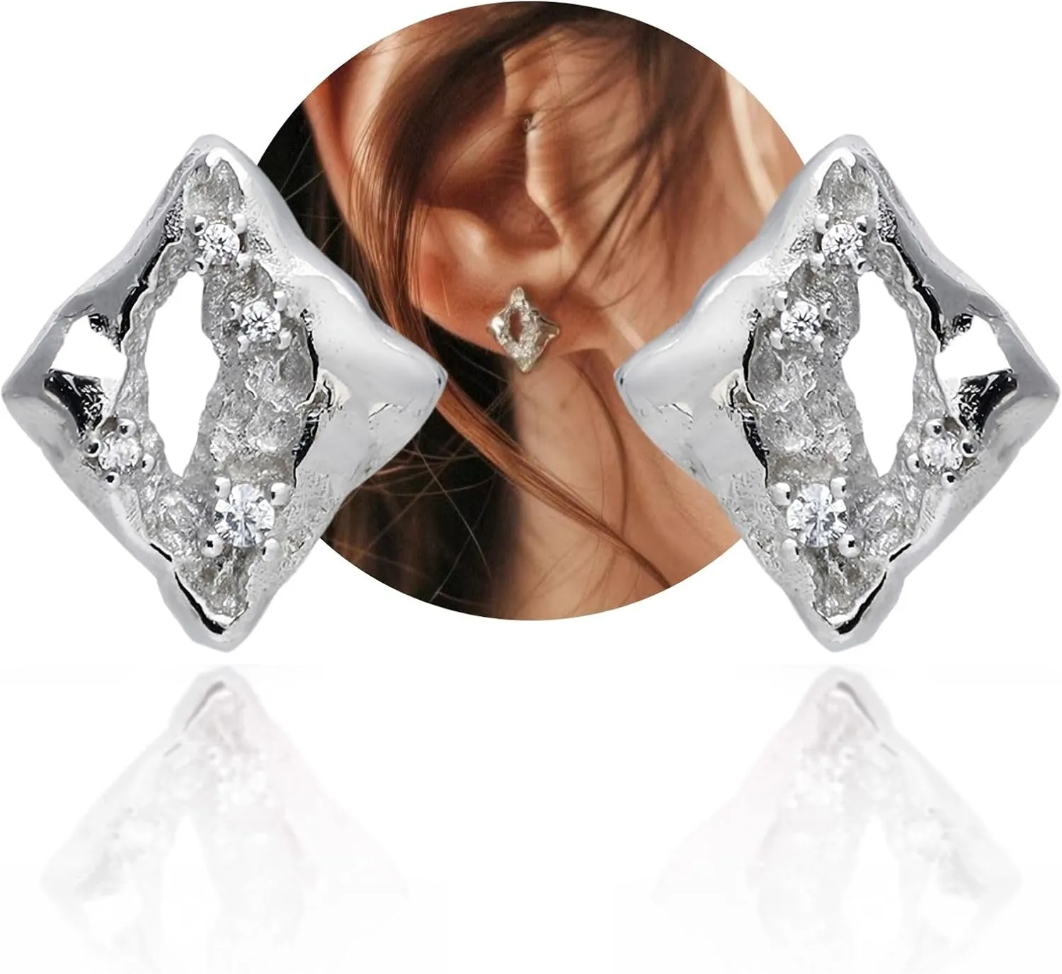 Irregular Geometric Silver Nugget Stud Earrings for Women Men - White Gold Plated 925 Sterling Silver with Small CZ Cubic Zirconia Diamond, Dainty Unique Designer Jewelry