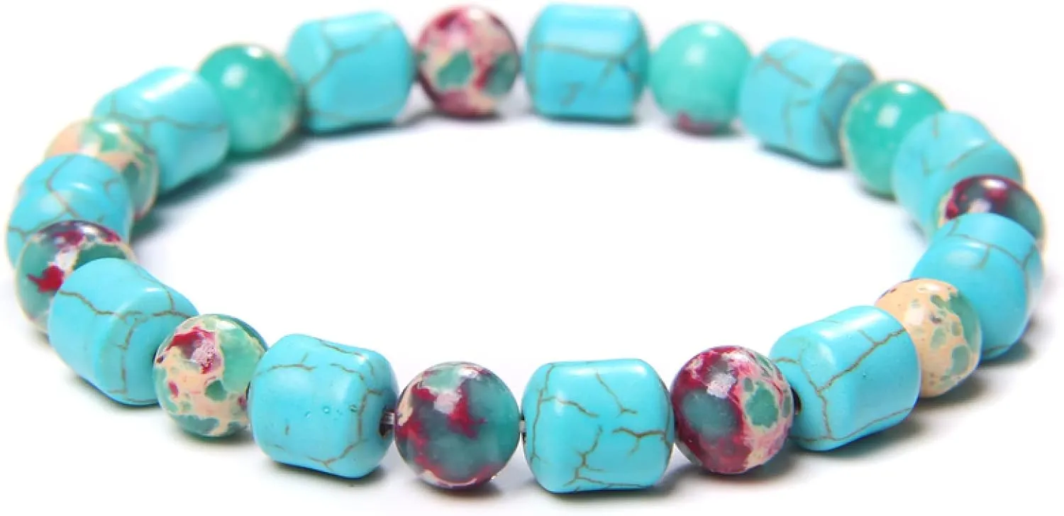 Irregular Shape Turquois Bracelets Men Handmade Elastic Spacer Blue Stone Beads Bangle Women Friendship Couples Vintage Jewelry,15,17cm