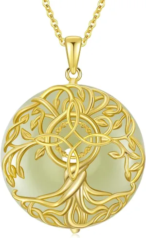 Jade Tree of Life Necklace 14k Gold Plated Sterling Silver Celtic Family Tree Jewelry Birthday Mothers Day Christmas Gifts for Women Mom Her