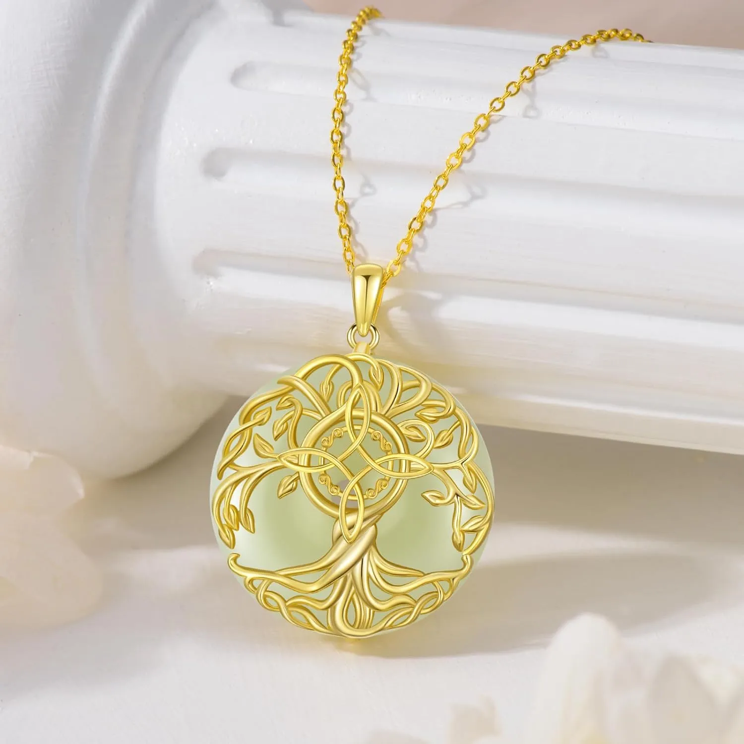 Jade Tree of Life Necklace 14k Gold Plated Sterling Silver Celtic Family Tree Jewelry Birthday Mothers Day Christmas Gifts for Women Mom Her