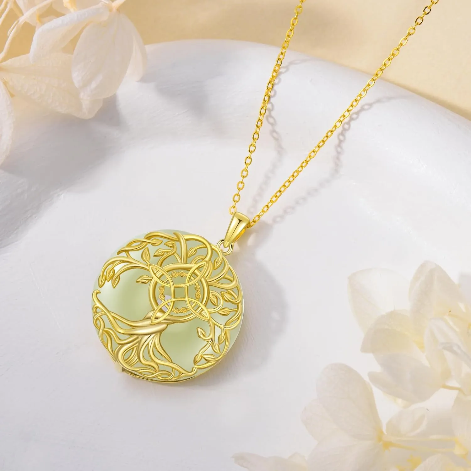 Jade Tree of Life Necklace 14k Gold Plated Sterling Silver Celtic Family Tree Jewelry Birthday Mothers Day Christmas Gifts for Women Mom Her