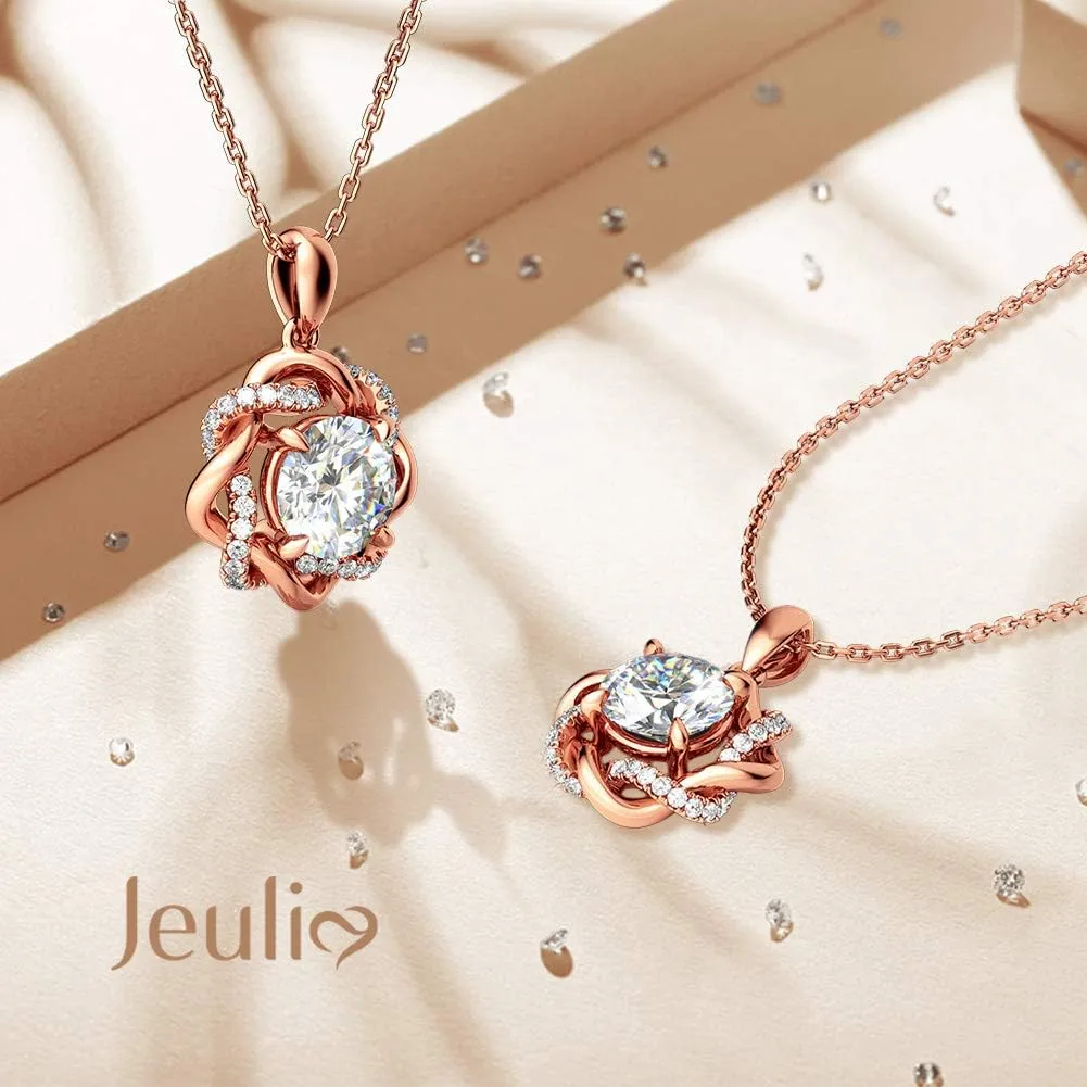 Jeulia Women S925 Sterling Silver Flower Necklace Chain White Diamond Pendant Necklace with Long Hollow Chain Mothers Valentine's Day Jewelry Gift