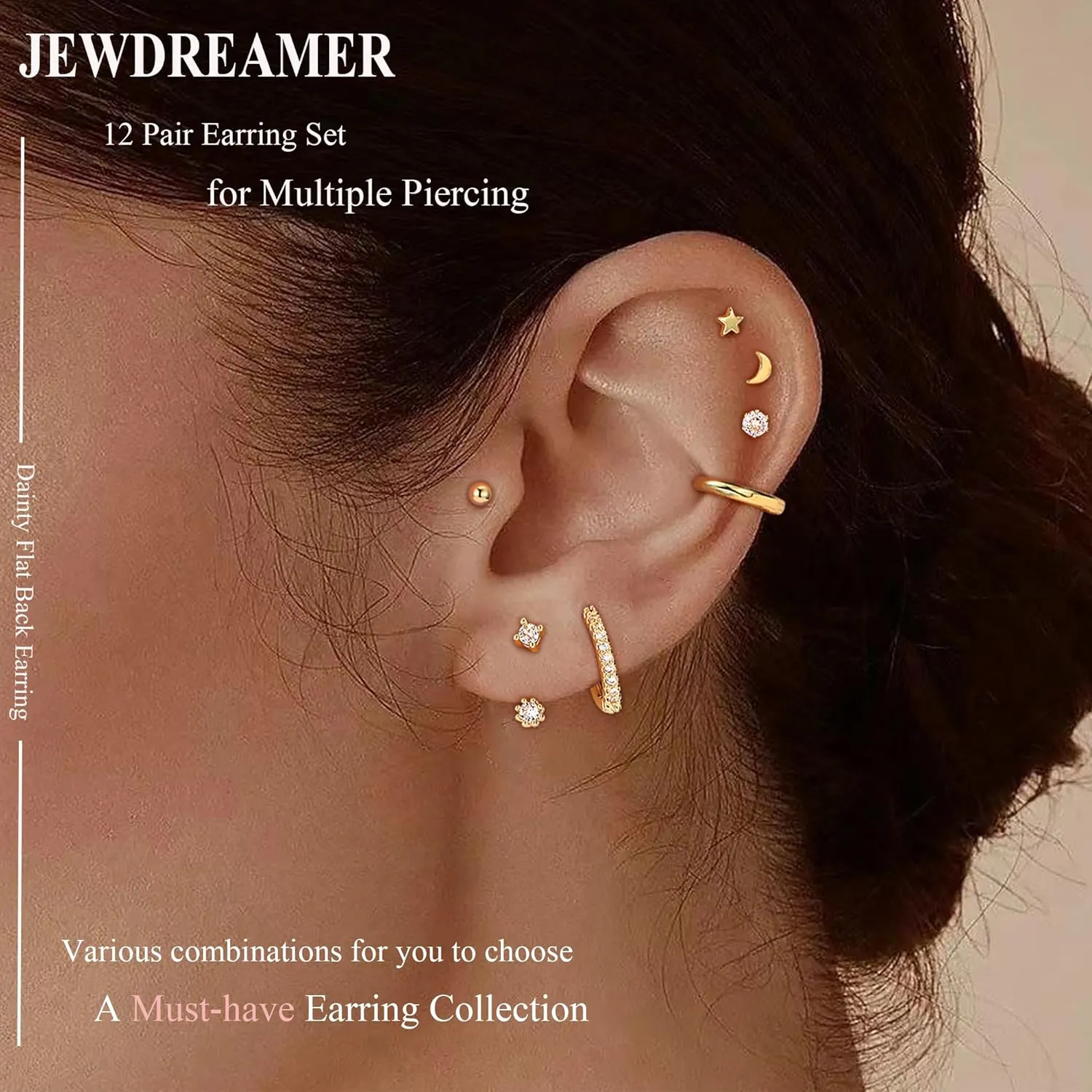 Jewdreamer Dainty Gold Flat Back Hypoallergenic Cartilage Earring Sets for Multiple Piercing - 20G Surgical Stainless Steel, Trendy Stacks, Small Hoop, Flatback Stud