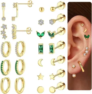 Jewdreamer Dainty Gold Flat Back Hypoallergenic Cartilage Earring Sets for Multiple Piercing - 20G Surgical Stainless Steel, Trendy Stacks, Small Hoop, Flatback Stud