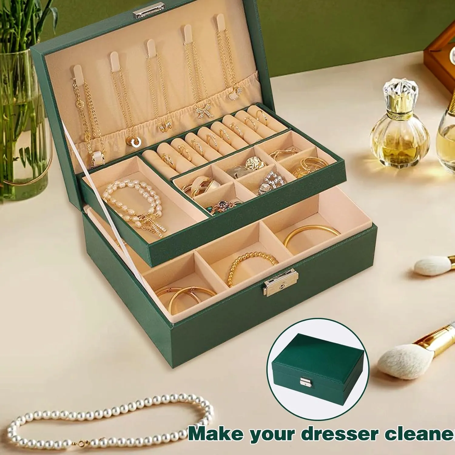 Jewelry Boxes for Women Girls, Jewelry Organizer Box, 2 Layers Jewelry Storage Organizer for Earring, Ring, Necklace, Bracelets.(green)