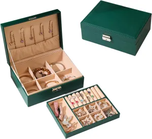 Jewelry Boxes for Women Girls, Jewelry Organizer Box, 2 Layers Jewelry Storage Organizer for Earring, Ring, Necklace, Bracelets.(green)