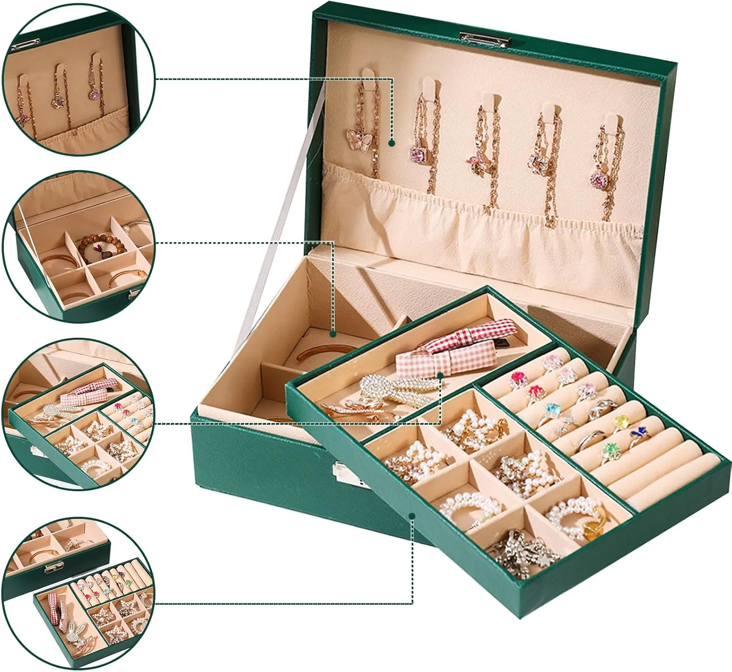 Jewelry Boxes for Women Girls, Jewelry Organizer Box, 2 Layers Jewelry Storage Organizer for Earring, Ring, Necklace, Bracelets.(green)