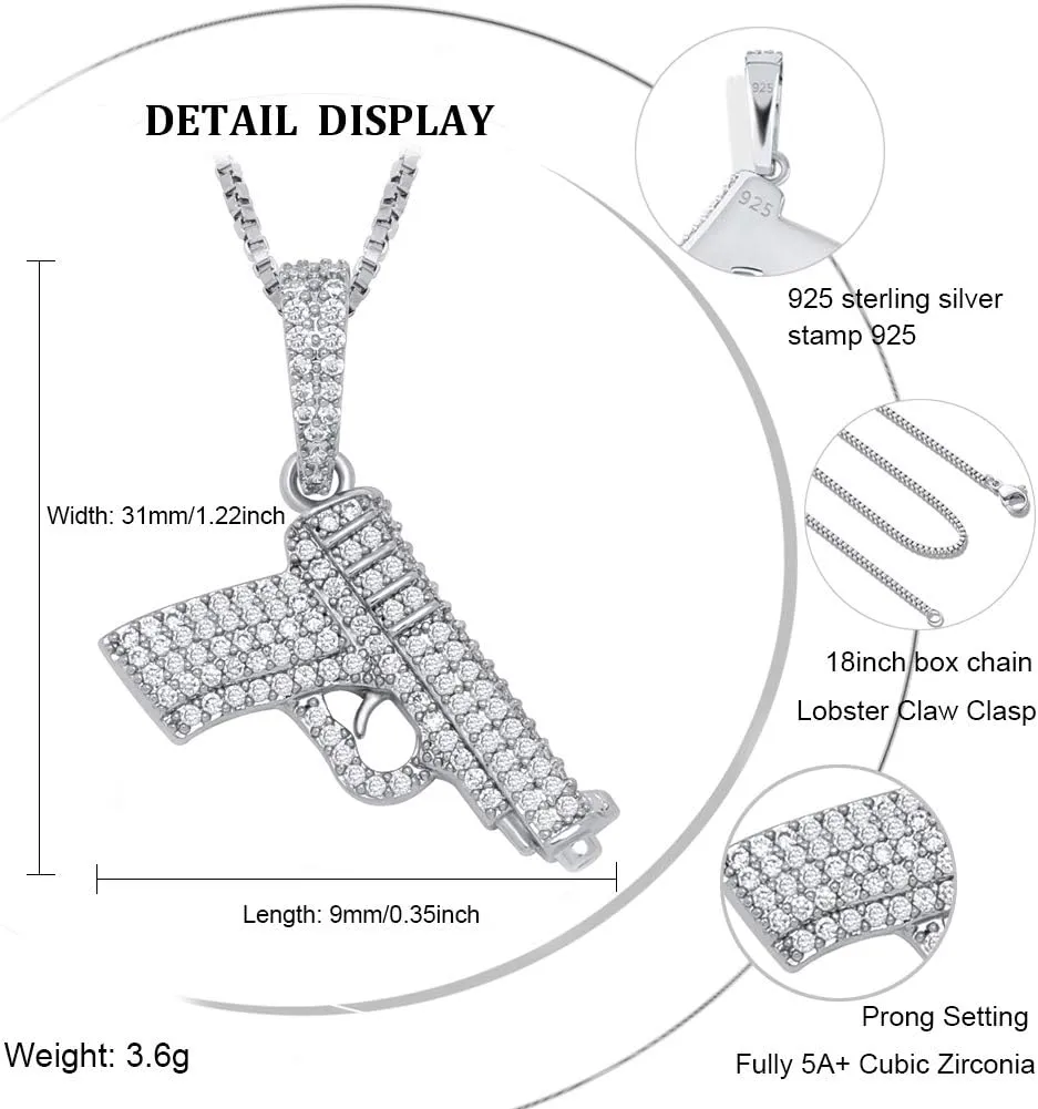 JINAO 925 Sterling Silver Dainty Rifle Hand Gun Desert Eagle Pendant 14K Gold Plated Fully Iced Out Cubic Zirconia Necklace Gift for Men Women