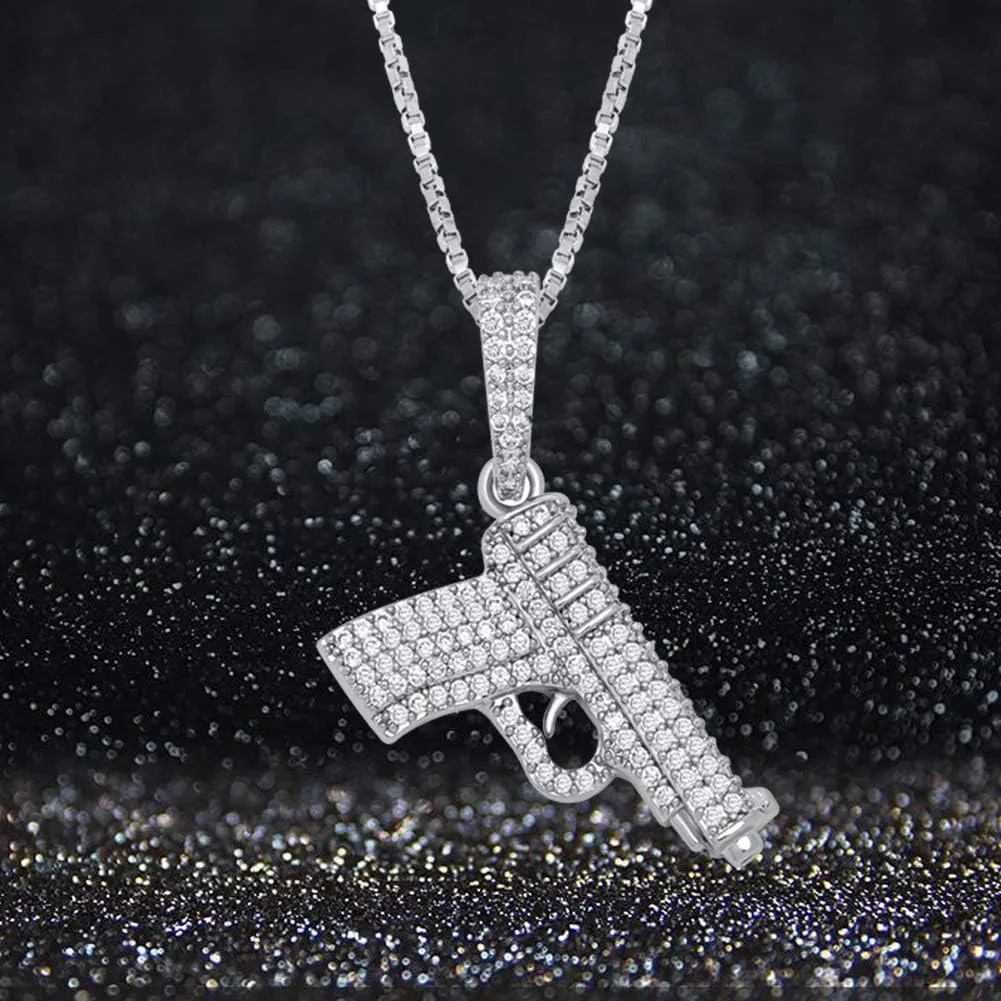 JINAO 925 Sterling Silver Dainty Rifle Hand Gun Desert Eagle Pendant 14K Gold Plated Fully Iced Out Cubic Zirconia Necklace Gift for Men Women