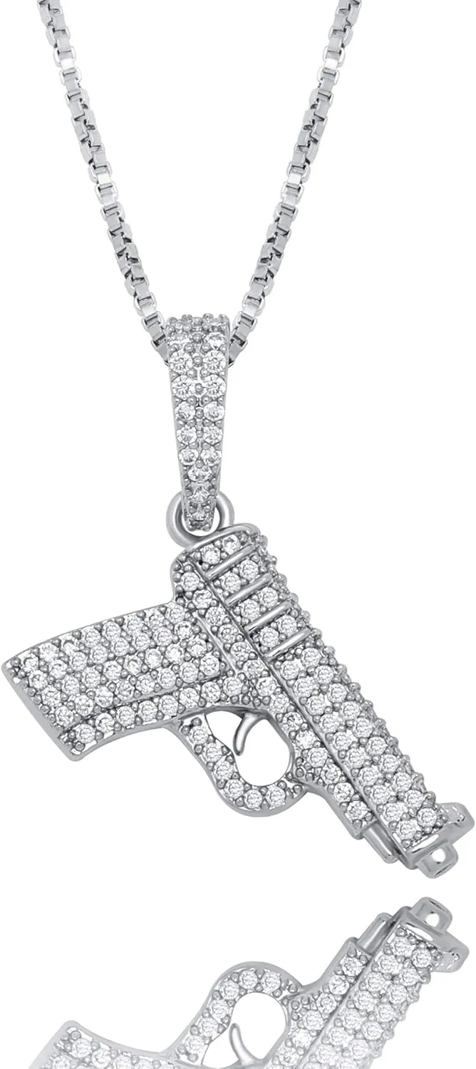 JINAO 925 Sterling Silver Dainty Rifle Hand Gun Desert Eagle Pendant 14K Gold Plated Fully Iced Out Cubic Zirconia Necklace Gift for Men Women
