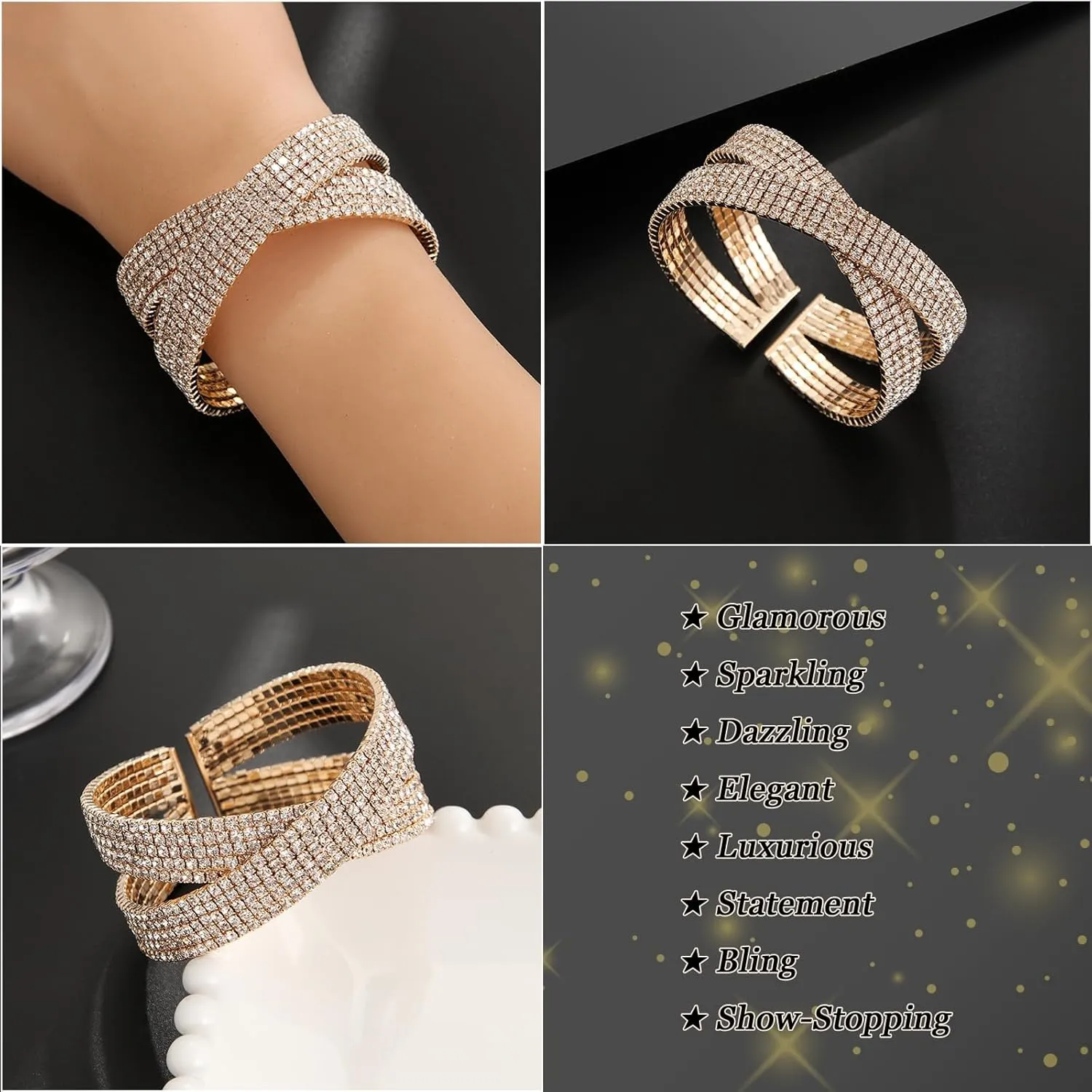 Jojomina Silver Rhinestone Bracelet for Women Multilayer Crystal Layered Cuff Bracelets Bridal Jewelry for Prom Party Wedding Dating