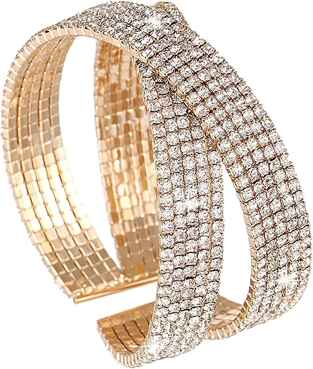 Jojomina Silver Rhinestone Bracelet for Women Multilayer Crystal Layered Cuff Bracelets Bridal Jewelry for Prom Party Wedding Dating