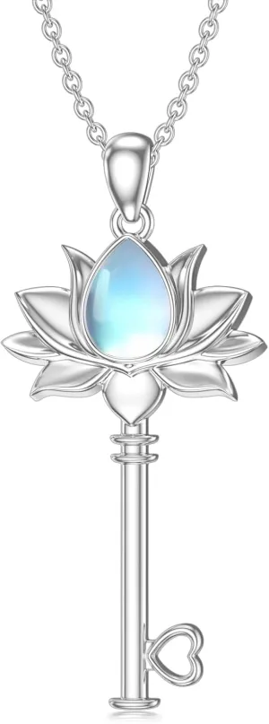 Key Necklace for Women S925 Sterling Silver Natural Moonstone/Topaz Key Pendant Jewelry Birthday Gifts for Her Mom Wife Girlfriend