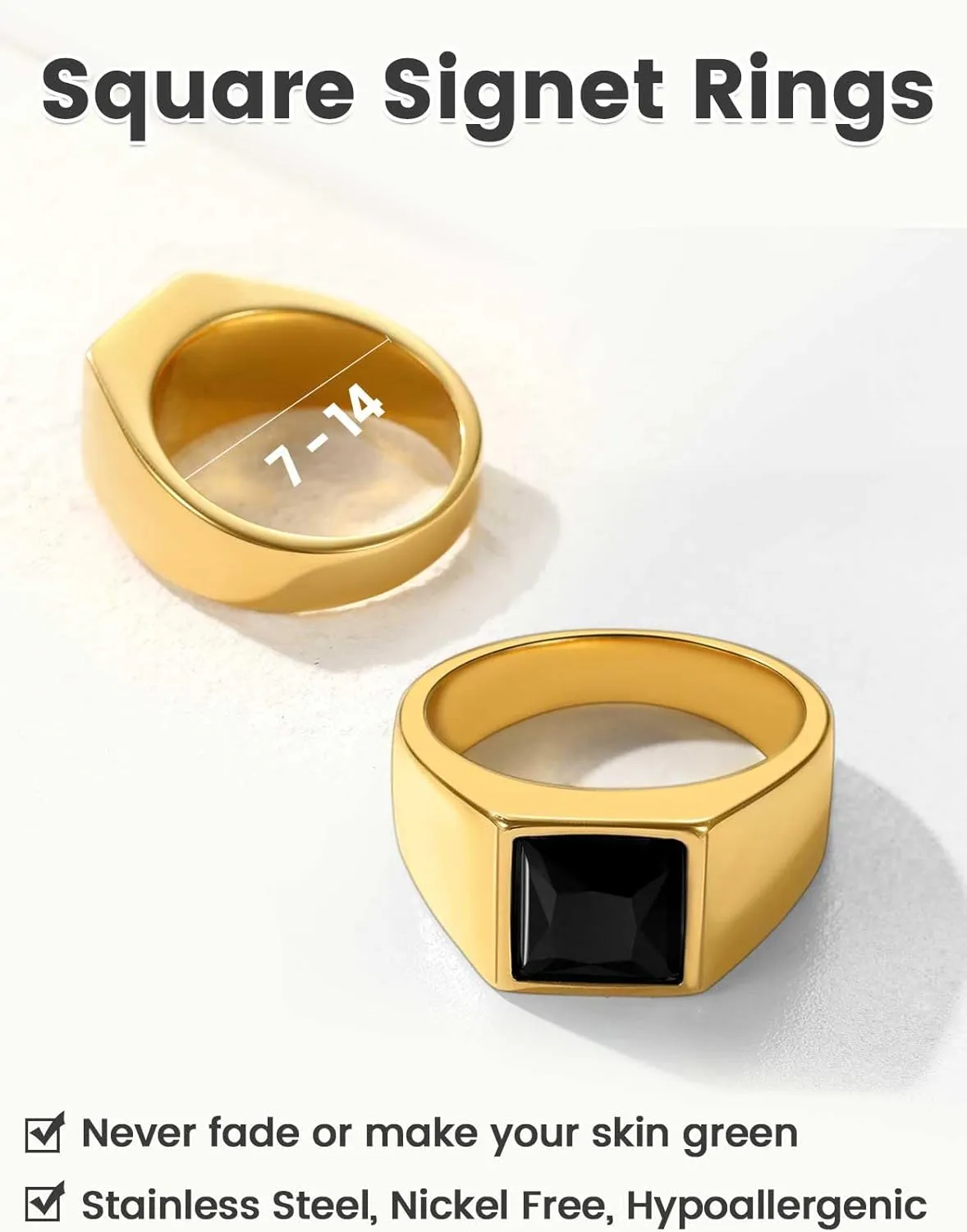 KeyStyle Square Gemstone Signet Rings for Men, Personalized Stainless Steel Pinky Ring with Black Onxy Blue Topaz Birthstone Statement Ring