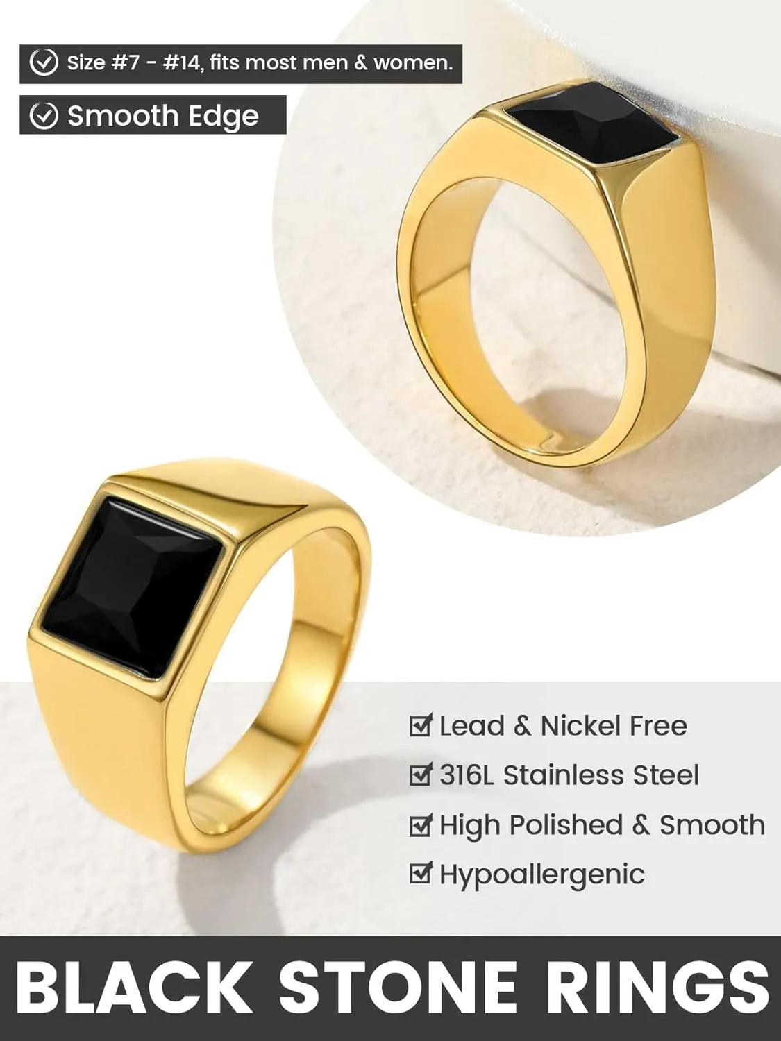 KeyStyle Square Gemstone Signet Rings for Men, Personalized Stainless Steel Pinky Ring with Black Onxy Blue Topaz Birthstone Statement Ring