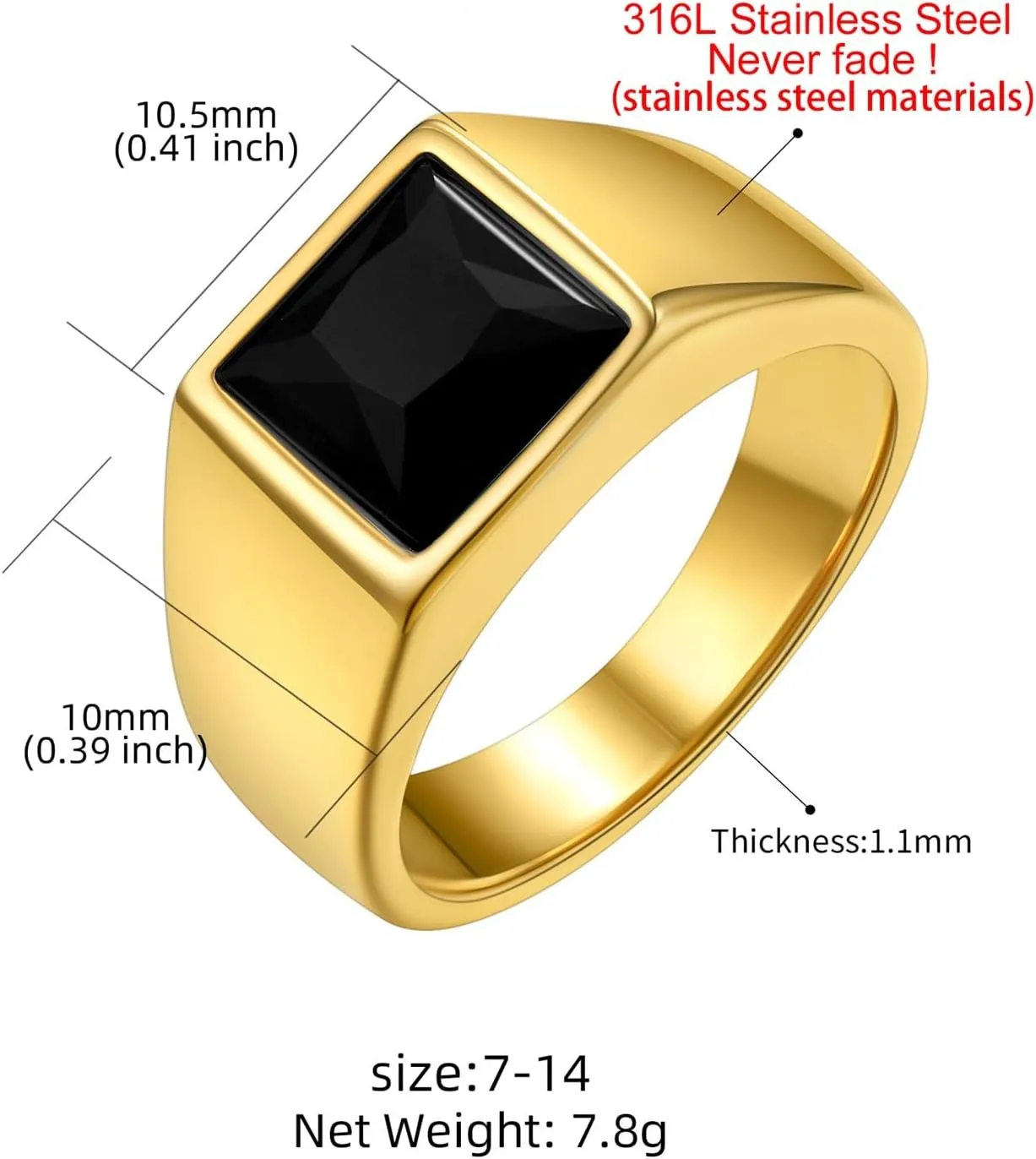 KeyStyle Square Gemstone Signet Rings for Men, Personalized Stainless Steel Pinky Ring with Black Onxy Blue Topaz Birthstone Statement Ring
