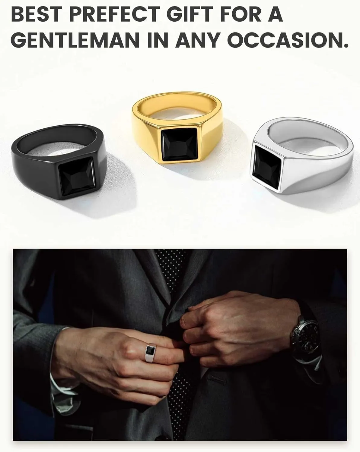 KeyStyle Square Gemstone Signet Rings for Men, Personalized Stainless Steel Pinky Ring with Black Onxy Blue Topaz Birthstone Statement Ring