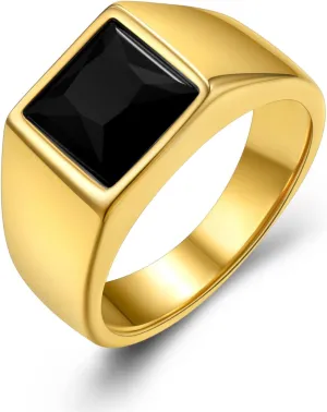 KeyStyle Square Gemstone Signet Rings for Men, Personalized Stainless Steel Pinky Ring with Black Onxy Blue Topaz Birthstone Statement Ring