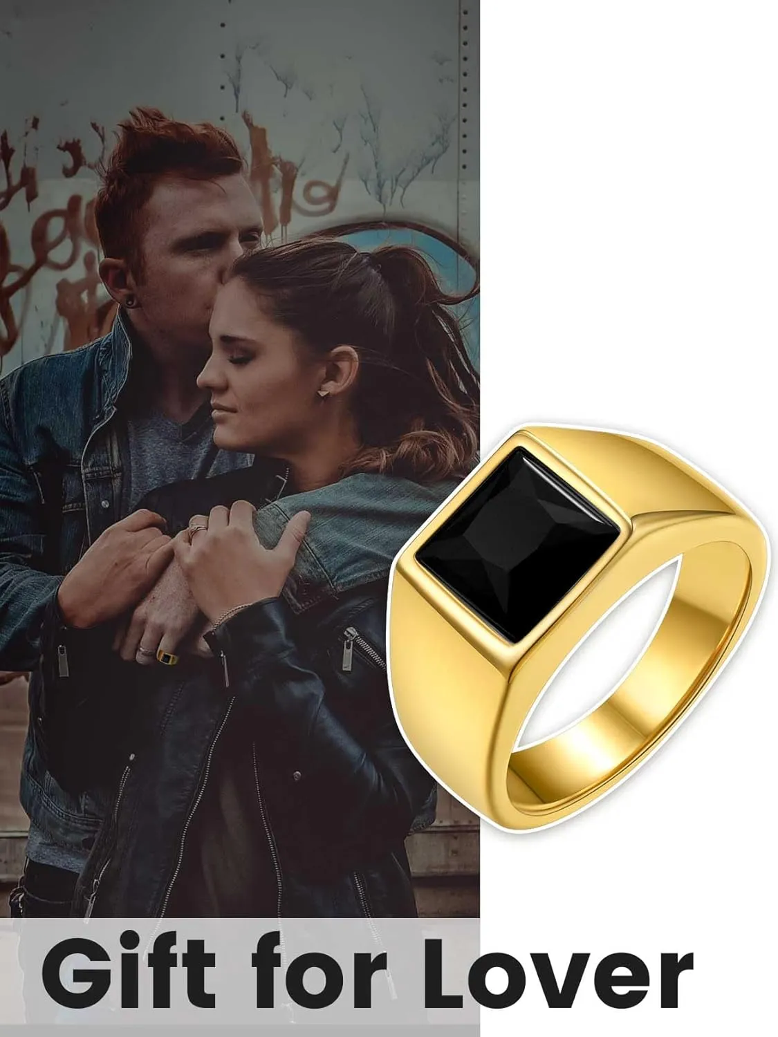 KeyStyle Square Gemstone Signet Rings for Men, Personalized Stainless Steel Pinky Ring with Black Onxy Blue Topaz Birthstone Statement Ring