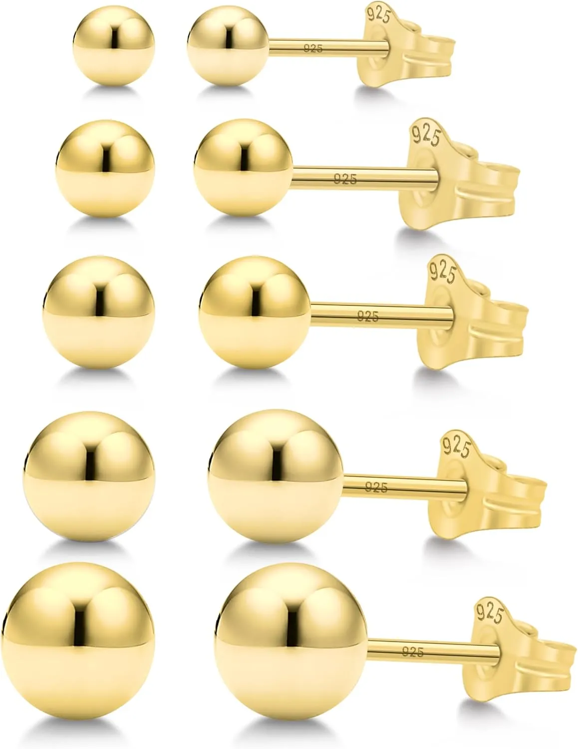 KEZEF 5 Pair Set Earrings for Women Girls | Sterling Silver, 14k Gold Plated & Rose Gold Plated Ball Earrings 925 Hypoallergenic Round Stud Earrings | Set of 2mm, 3mm, 4mm, 5mm, 6mm