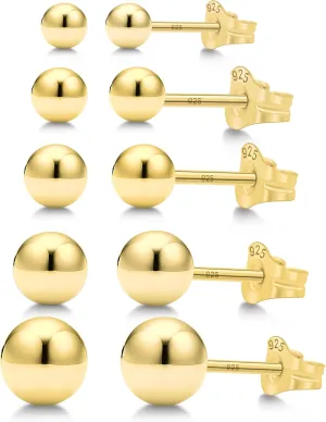 KEZEF 5 Pair Set Earrings for Women Girls | Sterling Silver, 14k Gold Plated & Rose Gold Plated Ball Earrings 925 Hypoallergenic Round Stud Earrings | Set of 2mm, 3mm, 4mm, 5mm, 6mm