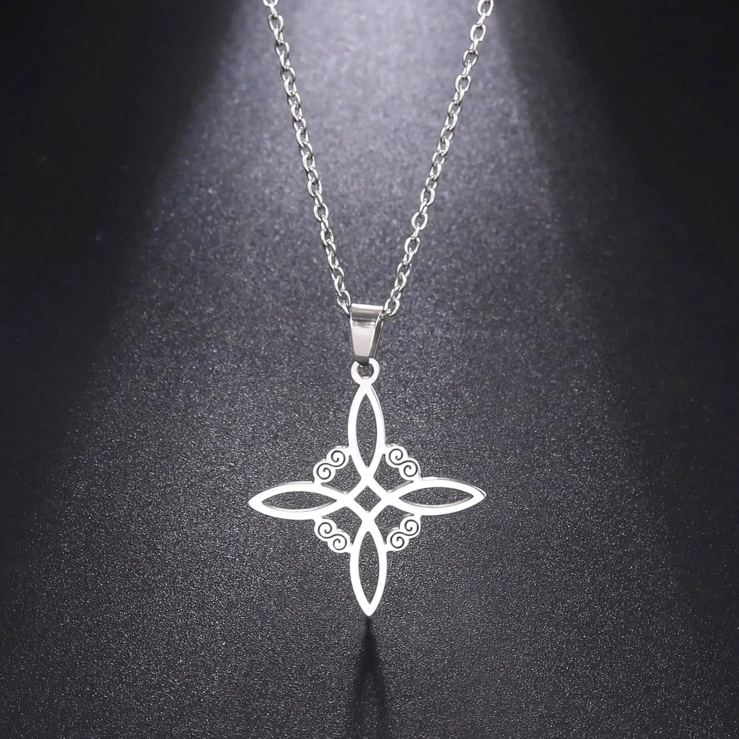 kkjoy Witches Knot Necklace Stainless Steel Pagan Wiccan Symbol Pendant Magic Knot 4-Pointed Celtic Knot Witchcraft Necklace for Women