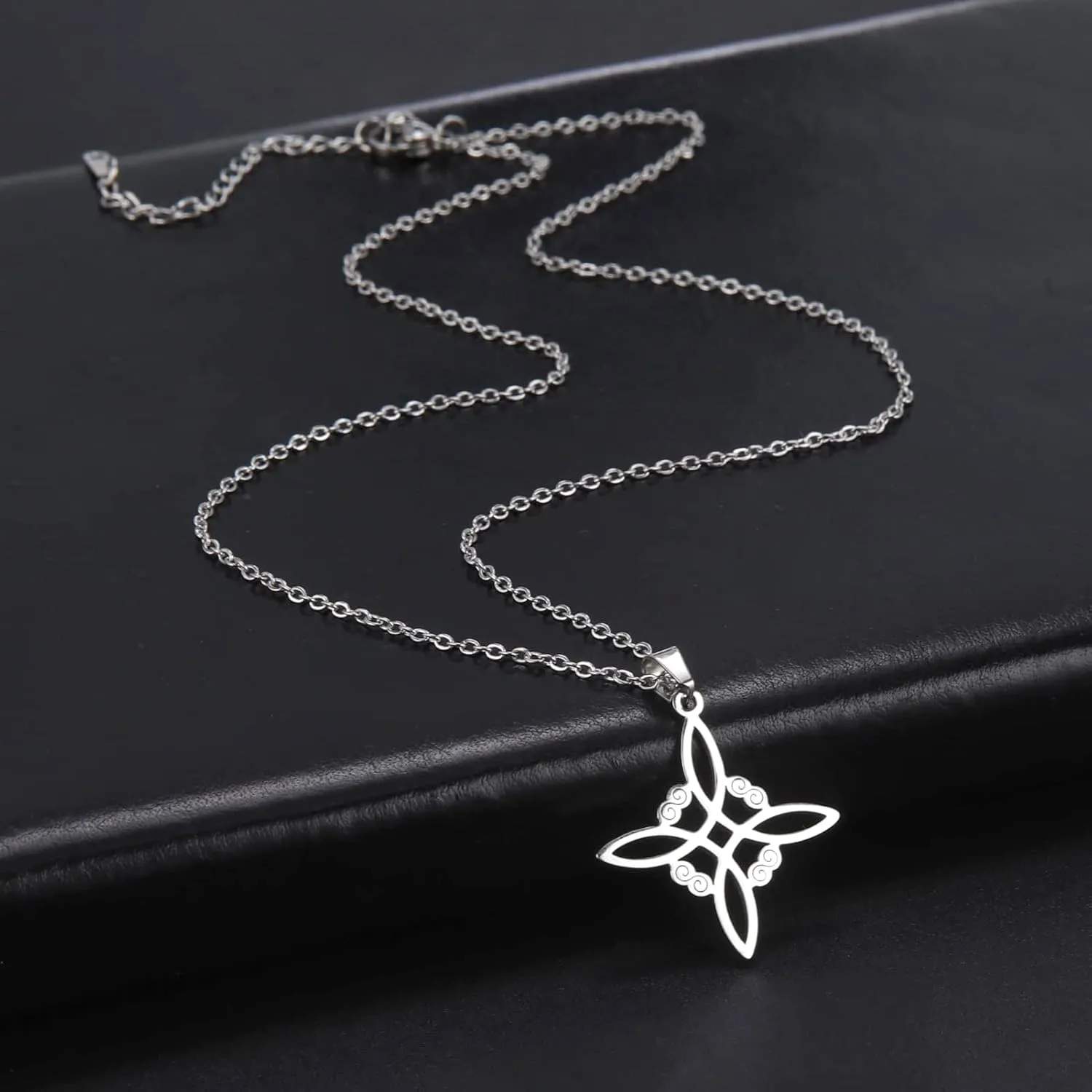 kkjoy Witches Knot Necklace Stainless Steel Pagan Wiccan Symbol Pendant Magic Knot 4-Pointed Celtic Knot Witchcraft Necklace for Women