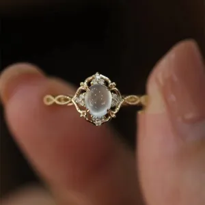 KOICCVQQ Retro Gold Moonstone Diamond Ring Twist Stacking Ring Opening Adjustable Unique Design Handmade Grinding Gem Novel Creative Braided Hollow Charm Ring for Woman Wedding Cocktail Party